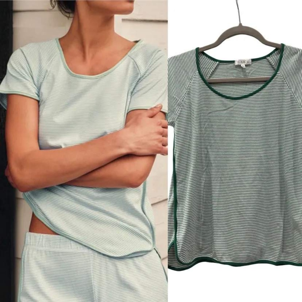 LAKE Pajamas Pima Cotton Short Sleeve Scoop Neck Stripe Top Green White XS